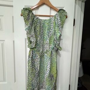 Anthropologie Green and White Ruffle Silk Dress